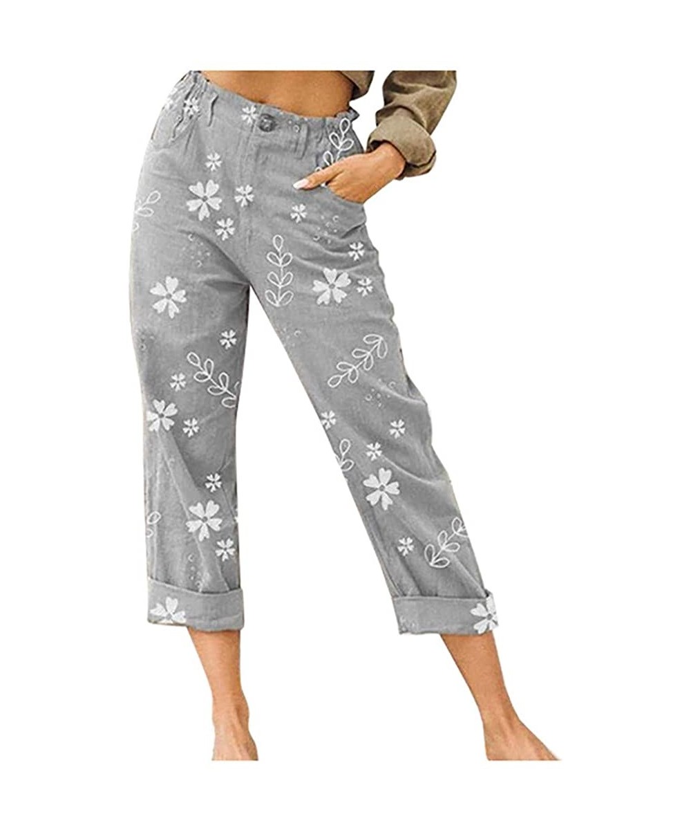 Bottoms Women's Comfy Casual Pajama Pants Floral Print Drawstring Palazzo Lounge Pants Wide Leg - Gray - CQ19DO9ELCR