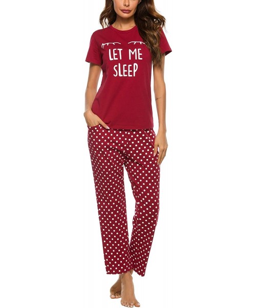 Sets Women's Pajama Set Cute Printed Short Sleeve Top and Long Pants Sleepwear Pjs Sets - Wine Red - C2198CY5O8C
