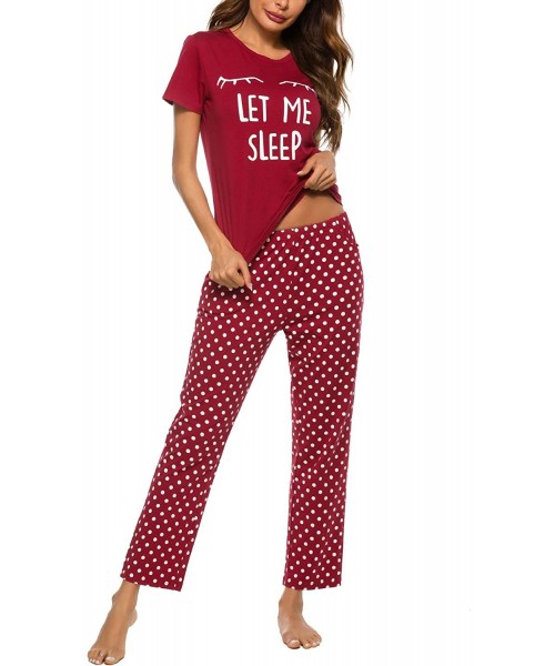 Sets Women's Pajama Set Cute Printed Short Sleeve Top and Long Pants Sleepwear Pjs Sets - Wine Red - C2198CY5O8C