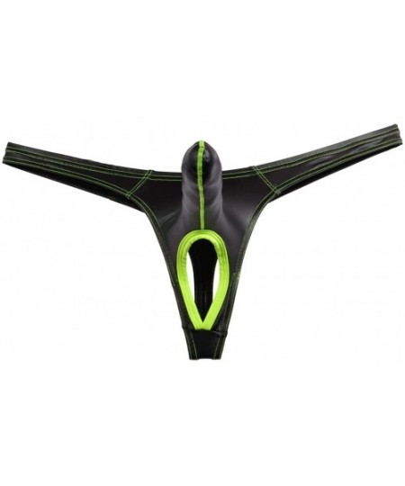 G-Strings & Thongs Men's Leather Like Long Bulge Pouch Underwear Nuts Out Thong Ball Hole T-Back - Black With Apple Green - C...