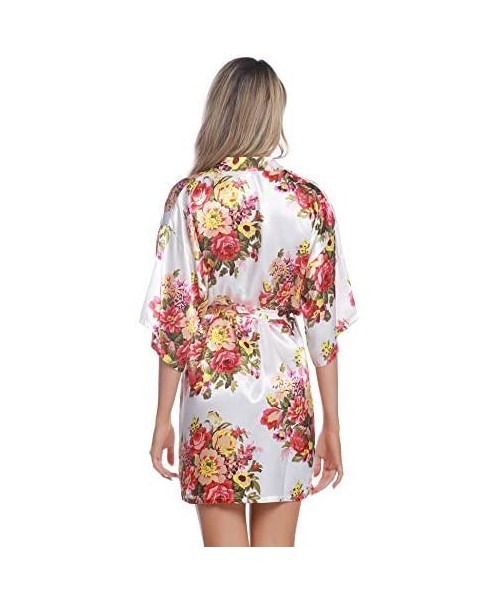 Robes Womens Floral Robes Sexy Satin Kimono Robe Lightweight Knee Length Dressing Gown for Wedding Bridesmaid Party White - C...
