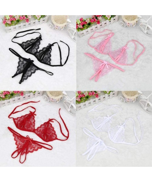 Baby Dolls & Chemises Women Sexy Spaghetti Strap No Padded Wire Free Babydoll Lace Lingerie Set Baby Dolls - Pink - CV19CCYSHX0