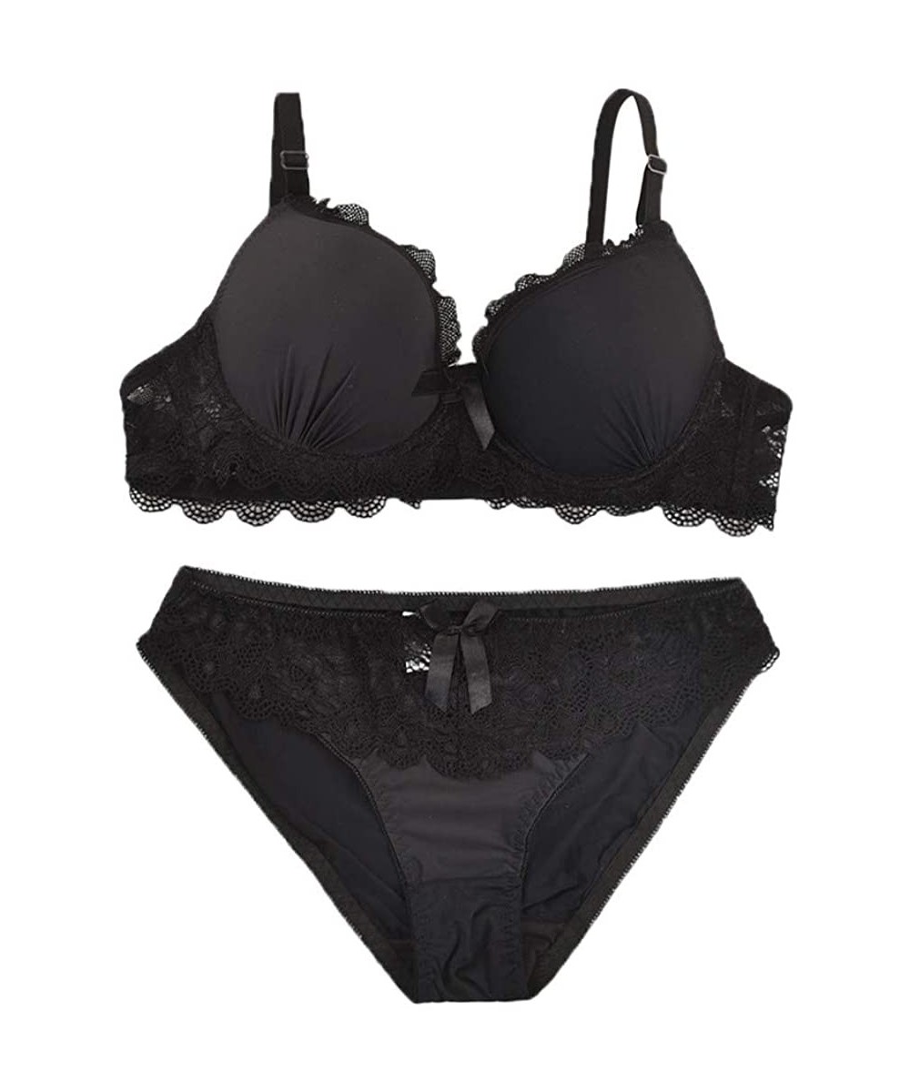 Bras Women's Lace Lingerie Bra and Panty Set Strappy Babydoll Bodysuit - Black - CI18SMT6760