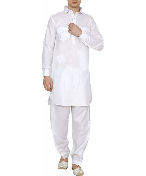 Sleep Tops Varomhey Men Linen Cotton Pathani Suit White - CQ18LY4A3QL