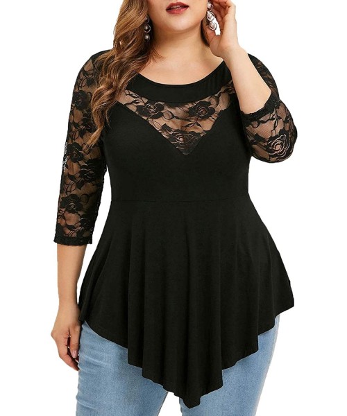 Camisoles & Tanks Women's Plus Size Lace Trimed Blouse Top Button Front Hollow Out Tee Top - 90733black - C118WS5TGNX