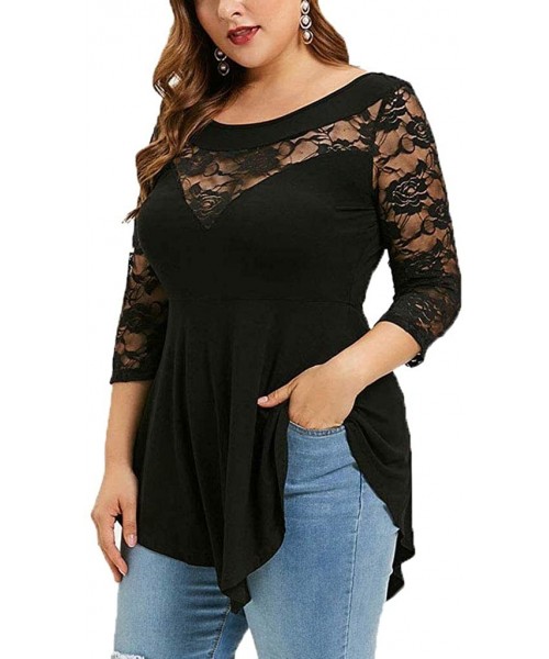 Camisoles & Tanks Women's Plus Size Lace Trimed Blouse Top Button Front Hollow Out Tee Top - 90733black - C118WS5TGNX