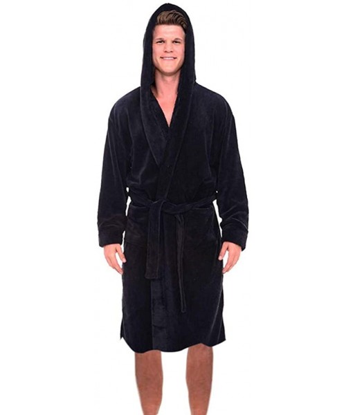 Robes Mens Robe with Hood and Pocket Fleece Pure Colour Knee Length Spa/Bath Plush Bathrobe Robes - Black - C71928IUQGN