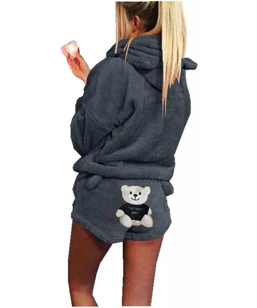 Sets Ladies Cute Sleepwear Shorts Sets 2pc Fluffy Hooded Sherpa Pajamas Romper - Dark Grey - CI18XTUHG7O