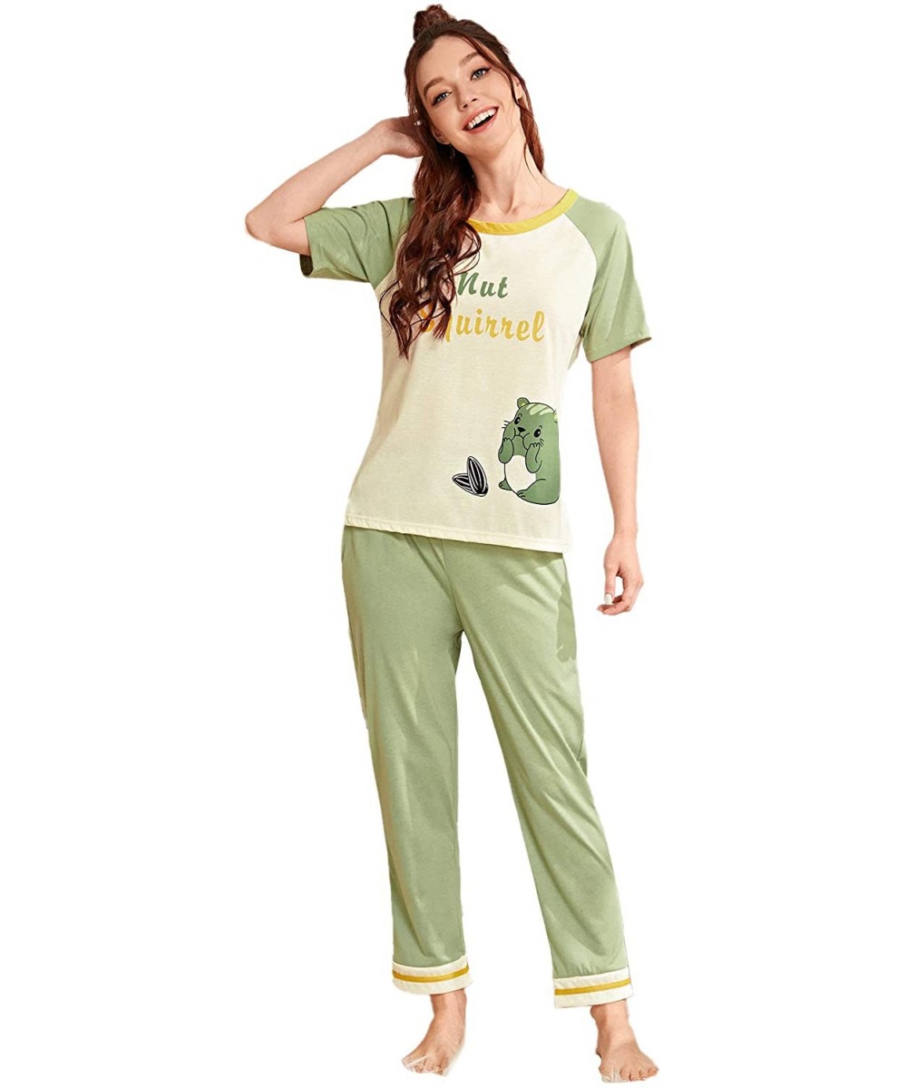 Sets Women Casual Pajamas Sets Cartoon Short Sleeve Loungewear Cute Sleepwear - Green and White - CY199ODYUKN