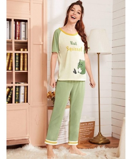 Sets Women Casual Pajamas Sets Cartoon Short Sleeve Loungewear Cute Sleepwear - Green and White - CY199ODYUKN