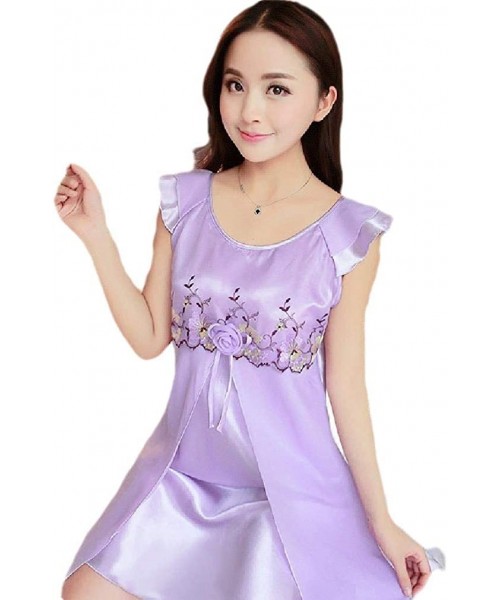 Nightgowns & Sleepshirts Womens Cozy Charmeuse Sexy Embroidered Silky Light Weight Sleeping Dress - Purple - C6199SNM77I