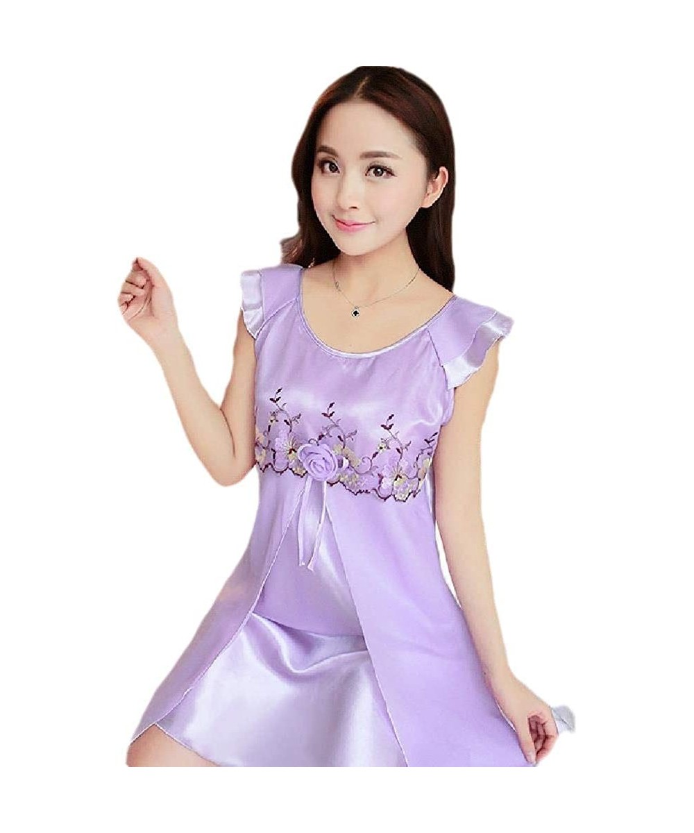 Nightgowns & Sleepshirts Womens Cozy Charmeuse Sexy Embroidered Silky Light Weight Sleeping Dress - Purple - C6199SNM77I