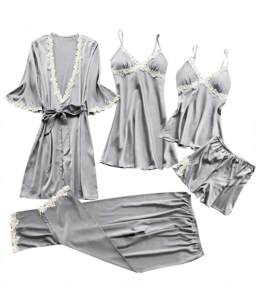 Sets Womens Sexy Satin Pajamas Set 5pcs Nightgown with Robe Set Sexy Lace Lingerie Pjs Loungewear Home Clothes - A-gray (5 Pc...