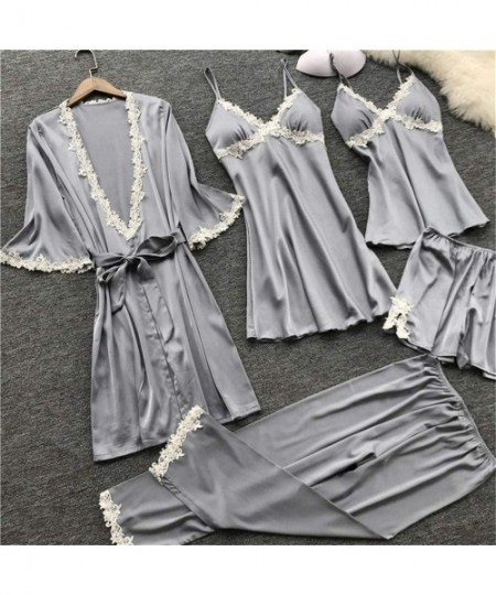 Sets Womens Sexy Satin Pajamas Set 5pcs Nightgown with Robe Set Sexy Lace Lingerie Pjs Loungewear Home Clothes - A-gray (5 Pc...