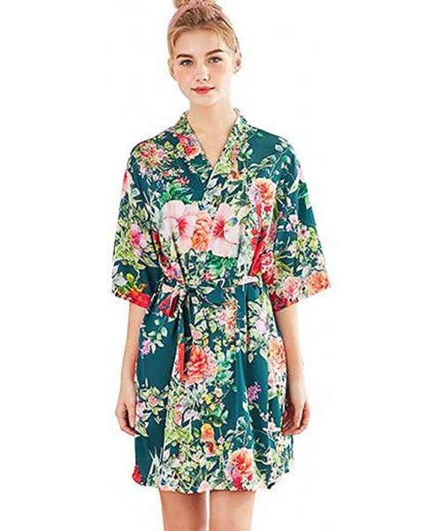 Robes Women's Kimono Robes Satin Flower Printed Short Style Wrap V-Neck Bathrobe Bride Dressing Gown - Green - CT18SMZA749