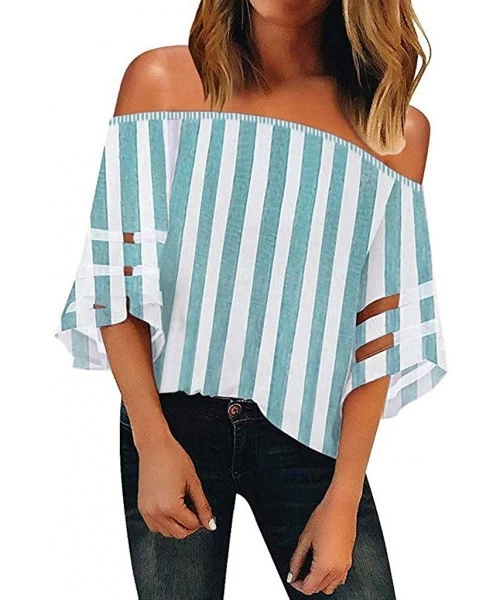 Tops Blouse Long Sleeve Shirt- Women Summer Stripe Prints O Neck Mesh Panel Blouse 3/4 Bell Sleeve Top Shirt - A-blue - C218Y...