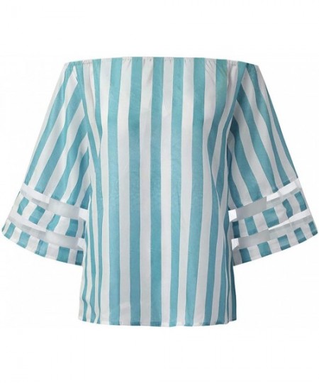 Tops Blouse Long Sleeve Shirt- Women Summer Stripe Prints O Neck Mesh Panel Blouse 3/4 Bell Sleeve Top Shirt - A-blue - C218Y...