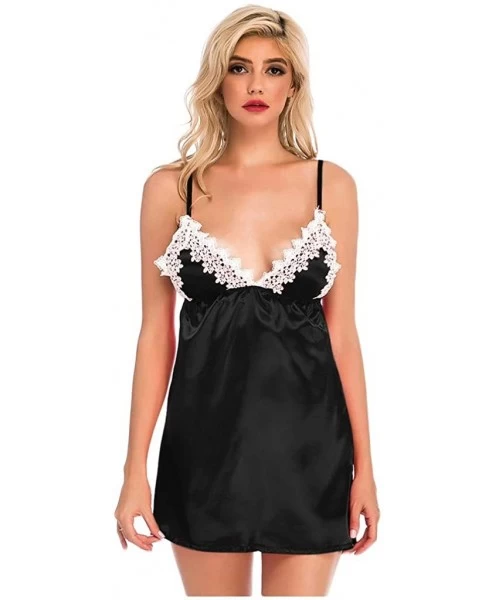 Slips Womens Cami Chemise Silk Satin Lace Trim Pajamas Pure Color Sleepwear Nightdress - Black - C3194LMOWL4
