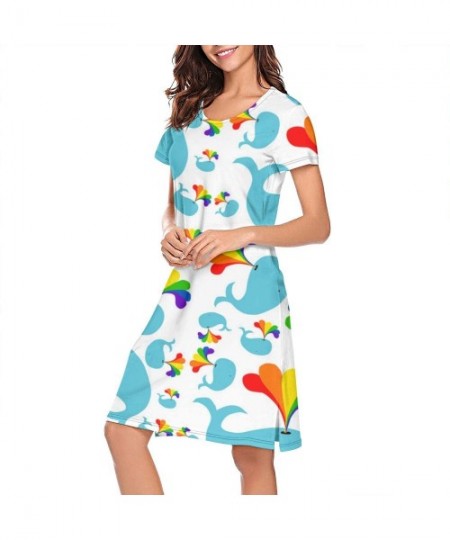 Nightgowns & Sleepshirts Womens Ladies Nightgowns Cartoon Whales Fun O-Neck Cool Short Sleeve Slip Dress - Cute Rainbow Whale...