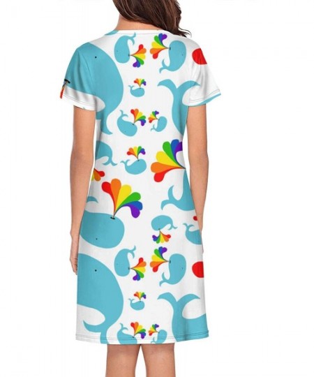 Nightgowns & Sleepshirts Womens Ladies Nightgowns Cartoon Whales Fun O-Neck Cool Short Sleeve Slip Dress - Cute Rainbow Whale...