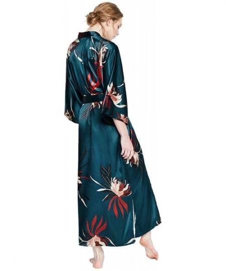 Robes Women's Satin Kimono Robe Long - Floral - Hana - Teal - CK18W0A7CQM