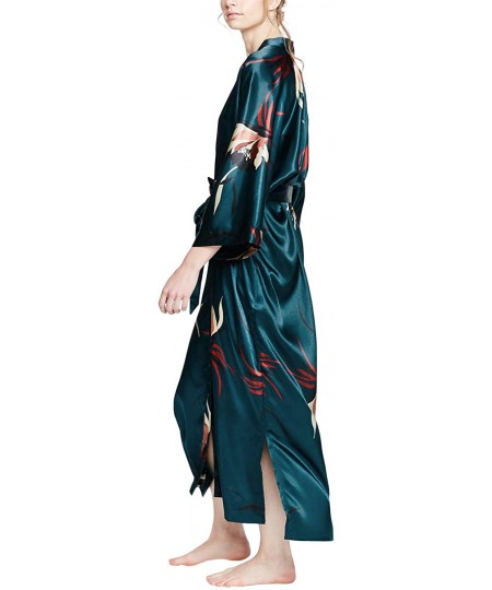 Robes Women's Satin Kimono Robe Long - Floral - Hana - Teal - CK18W0A7CQM