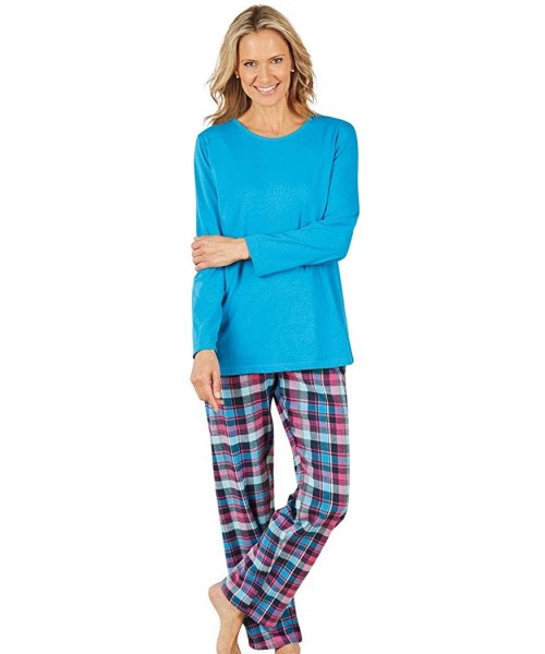 Sets Women's Pajama Set - 100% Flannel Pants and Long Sleeve Cotton PJ Top - Turquoise - CH18SODNKO2