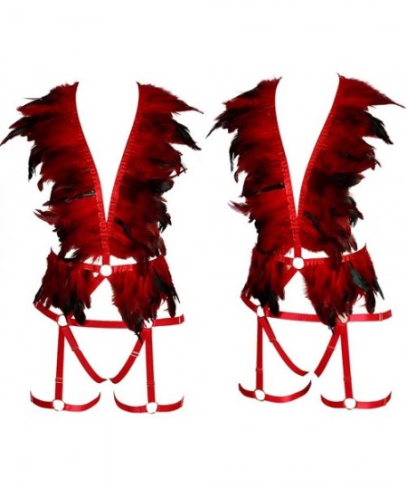 Garters & Garter Belts Women Punk Feathers Body Harness Bra Full Strap Cage Bandage Garter Belt - Red - C919773Z4CT