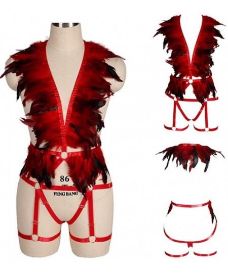 Garters & Garter Belts Women Punk Feathers Body Harness Bra Full Strap Cage Bandage Garter Belt - Red - C919773Z4CT
