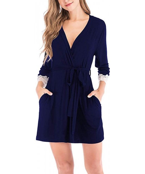 Nightgowns & Sleepshirts Womens Elegant Pajamas Dresses Lace Stitching Seven-Quarter Sleeve Bowknot Tie Waist Sleepwear - Tib...