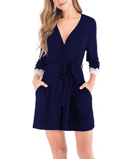 Nightgowns & Sleepshirts Womens Elegant Pajamas Dresses Lace Stitching Seven-Quarter Sleeve Bowknot Tie Waist Sleepwear - Tib...
