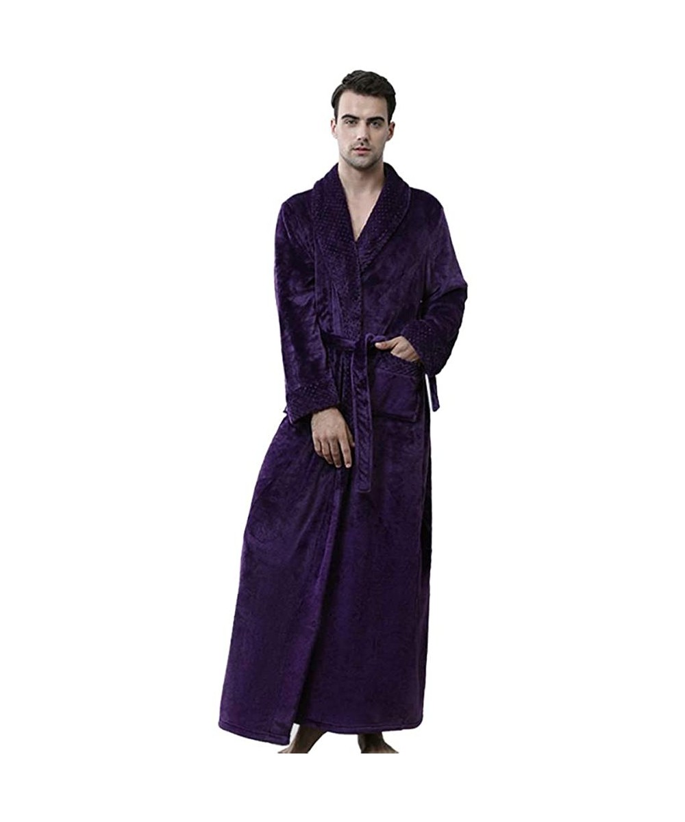 Robes Luxurious Men's Shawl Collar Bathrobe- Thick Coral Fleece Kimono Robe Couple Long Housecoat Sleepwear - Purple - CG1924...