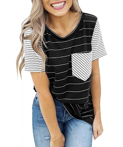 Tops Women Long Sleeve Round Neck Blouse Color Block Striped Casual Tops T Shirt - Q Front Pocket Black - C3193OONZKL