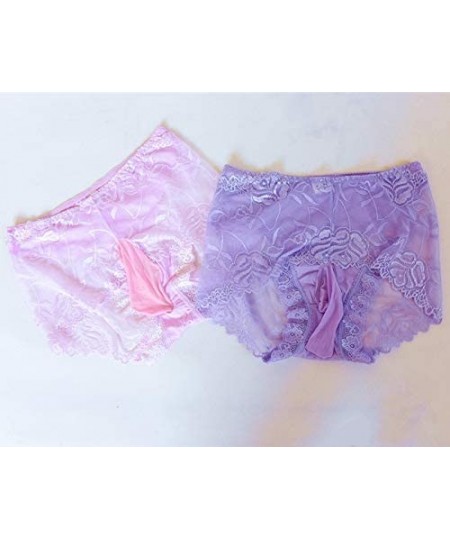 Briefs Men's Lace Panties Briefs Boyshort Shorts Lingerie Underwear with Pouch or Sheath - Pink(with Open Sheath) - CP19DE34ERK