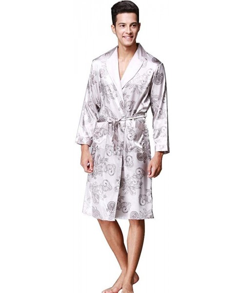 Robes Casual Men Soft Lightweight Sleepwear Long Sleeve Pocket Satin Nightwear Robe Coat Gray - CU192QM5N34