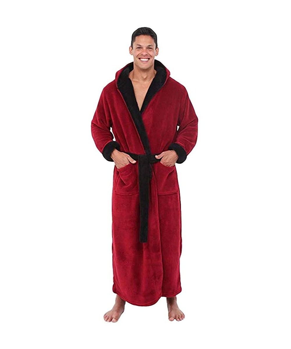 Robes Men's Bathrobes Autumn and Winter Large Size Bathrobe Fashion Long-Sleeved V-Neck Fluffy Pajamas - Red-a - CE192ZDNTT0