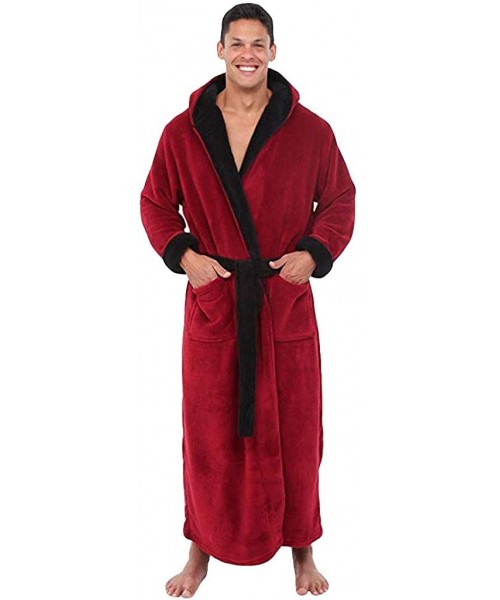 Robes Men's Bathrobes Autumn and Winter Large Size Bathrobe Fashion Long-Sleeved V-Neck Fluffy Pajamas - Red-a - CE192ZDNTT0