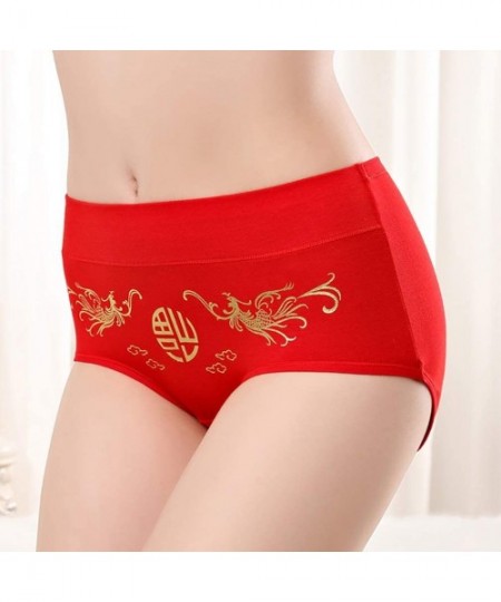Panties Women's Red Cotton Underwear 4-Pack Mid Waist Briefs- Eastern Culture - Phoenix-goldfish - CP18YM95NT3