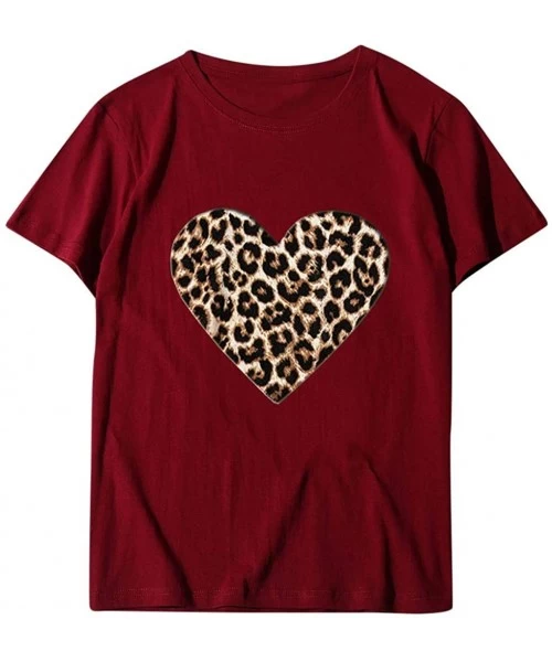 Thermal Underwear Women's Valentine's Day Casual Short Sleeve O Neck Leopard Print Heart-Shaped Top - Wine - CL194G3HR8W