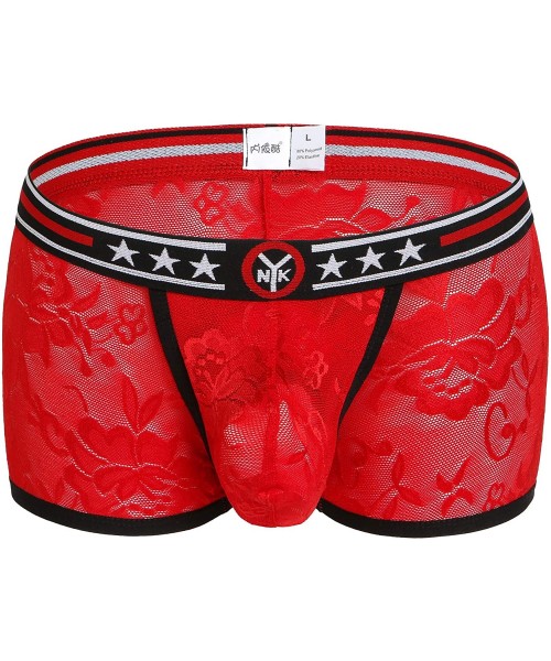 Briefs Men's Front Capsule Boxer Briefs Sexy Lace Low Waist Underwear - Red - C7184XEGKG3