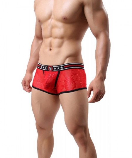Briefs Men's Front Capsule Boxer Briefs Sexy Lace Low Waist Underwear - Red - C7184XEGKG3
