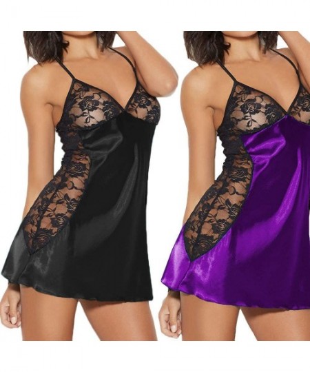 Camisoles & Tanks Women's Fashion Plus Size Babydoll Lace Silk Lingerie Strap Nightdress - Black - CH194W4XR4O