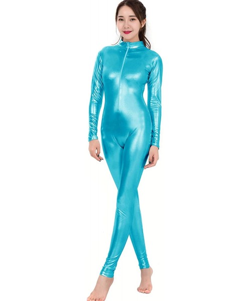 Shapewear Womens Shiny Metallic Spandex Zip Up Catsuit Unitard - Turquoise - C9188RMXZYI