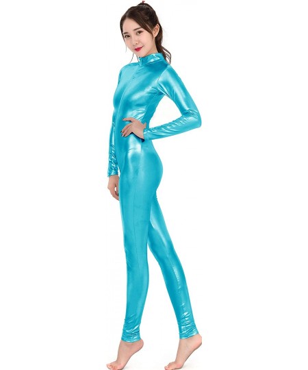 Shapewear Womens Shiny Metallic Spandex Zip Up Catsuit Unitard - Turquoise - C9188RMXZYI