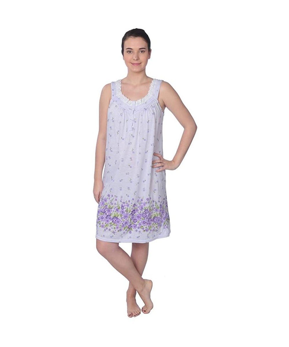 Nightgowns & Sleepshirts Women's Short Sleeve Floral Print Cotton Blend Knit Nightgown - Purple Floral Sleeveless - CN18DIA9U0G