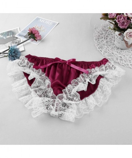 Briefs Men's Sissy Panty Frilly Ruffles Satin Bikini Briefs Crossdress Underwear - Wine Red - C618M4G0HYI
