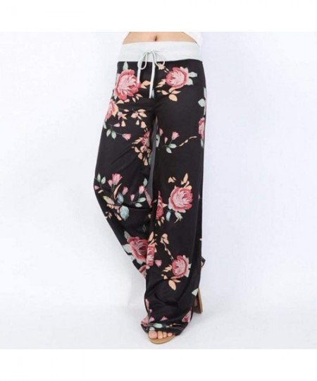 Bottoms Women's Floral Print Casual Pajama Pants Comfy High Waist Drawstring Wide Leg Lounge Pants - Black-a - CF19CAL30YN