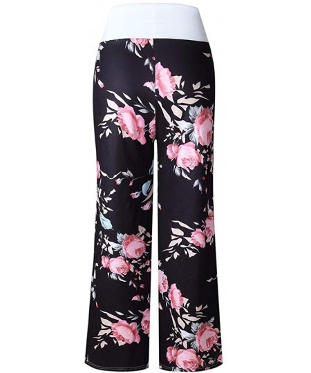 Bottoms Women's Floral Print Casual Pajama Pants Comfy High Waist Drawstring Wide Leg Lounge Pants - Black-a - CF19CAL30YN