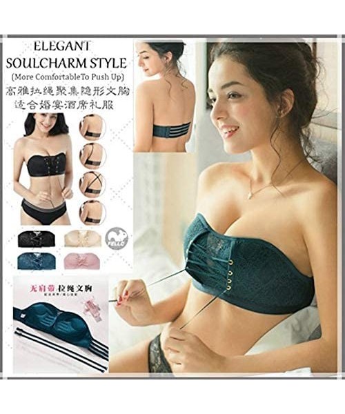 Bras Elegant Anti-Drop Comforty Pull Rope Anti-Slip No Wire Invisible Strapless Lace Push Up Bra - Beige - CO18Y6KW3LL