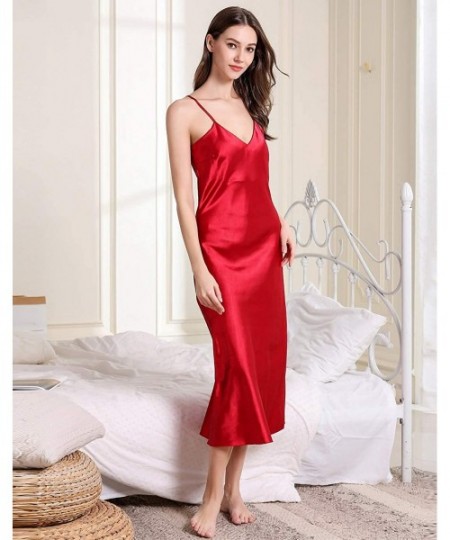 Robes 2 Piece Women Satin Nightgowns and Robe Set Sexy Silk Slip Dress Chemise Nightdress - Red - C3193N9GSYQ
